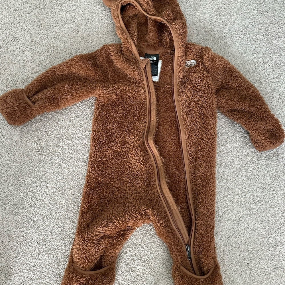 The North Face Brown Plush Hooded Kids Footed Onesie